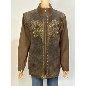 Bob‎ Mackie Jacket Women XL Suede Brown Knit Full Zip Embroidered Western VTG